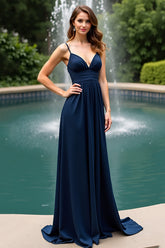 Marineblaues Langes Hochzeitsgastkleid mit Spaghettiträgern und offenem Rücken in A-Linie